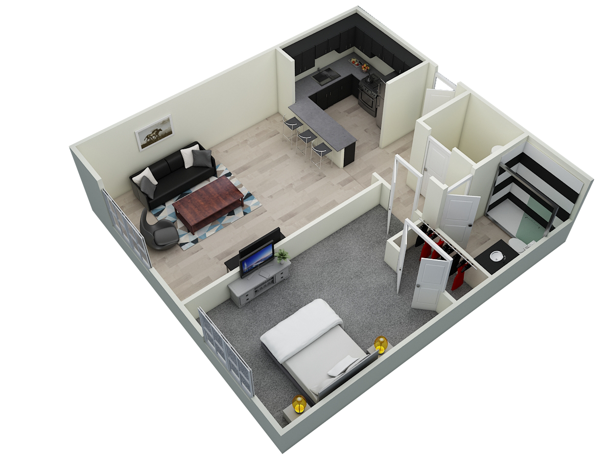 Floor plan for 1 bed, 1 bath, 700 sqft